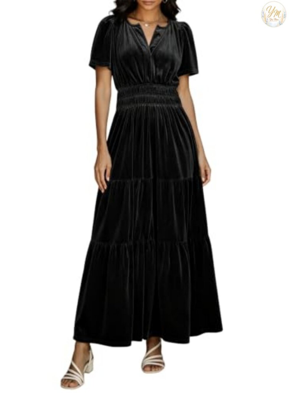 Velvet Maxi Dress Short Sleeve V-Neck Elastic Waist Ruffle A-Line